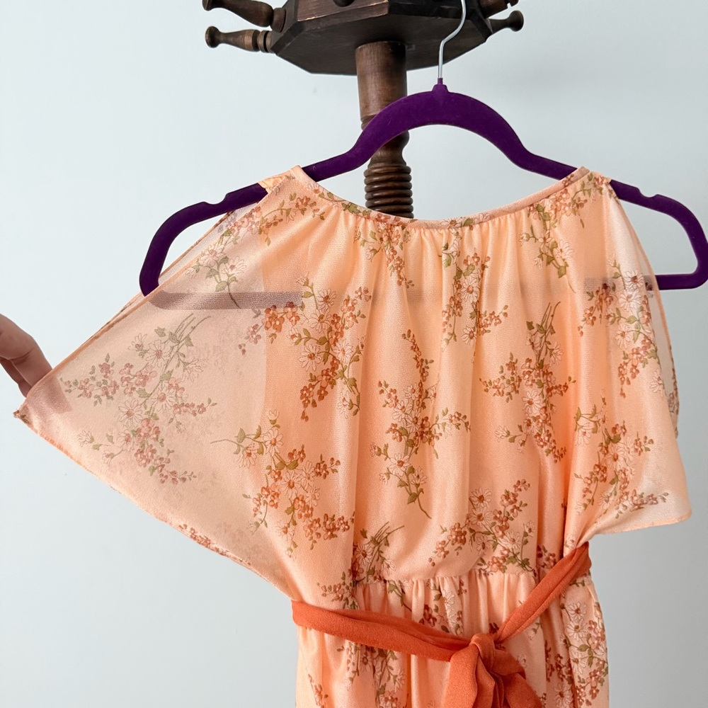 🌼Vintage 70s Peach Floral Maxi Dress w/ Belt Romantic Prairie Boho Goddess - Picture 4 of 8